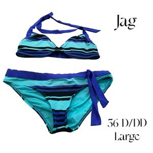 Jag Blue TurquoiseBlack striped Bikini Swim bathing suit 36 D/DD LARGE GUC
